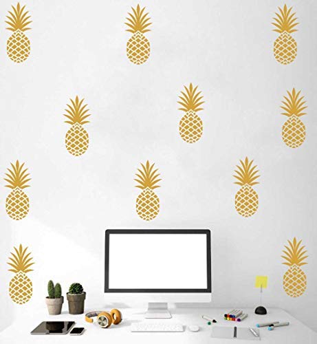 Pineapple Wall Decal Large 12 Set Pineapples Sticker/Home Decor Nursery Kids Bedroom Vinyl Wall Decal Mural (8"H X 3.5"W/Each) (Gold)