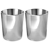 mDesign Round Metal Small Trash Can Wastebasket, Garbage Container Bin for Bathrooms, Powder Rooms, Kitchens, Home Offices - Durable Stainless Steel, 2 Pack - Polished