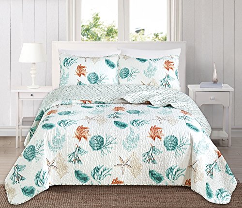 Book Cover 3 Piece Quilt Set with Shams. Soft All-Season Cotton Blend Bedspread Featuring Attractive Seascape Images. The Key West Collection (King)