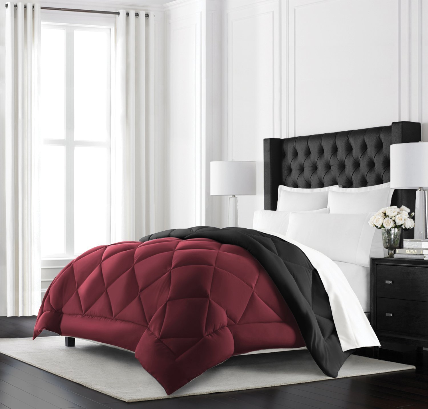 Book Cover Beckham Hotel Collection Goose Down Alternative Reversible Comforter - All Season - Premium Quality Luxury Comforter- King/Cal King - Burgundy/Black