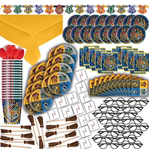 HeroFiber Harry Potter Themed Party Supplies Decorations & Favors - 16 Guest - Small & Large Plates Cups Napkins Tablecover Cutlery Loot Bags Glasses Pen Brooms Birthday Banner