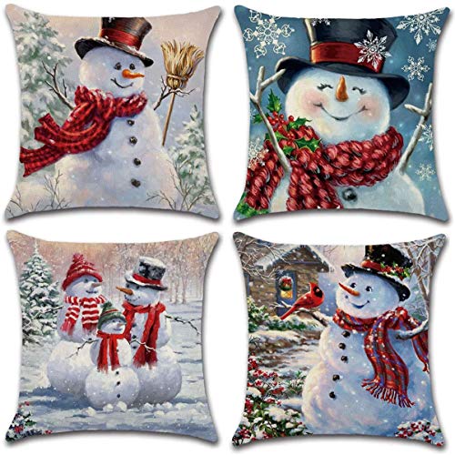 Book Cover XIECCX Christmas Throw Pillow Covers 18x18 Set of 4 Winter Snowman Home Decorative Outdoor Pillowcase for Couch Sofa Bed Square Cushion Covers Breathable Linen with Hidden Zipper (Christmas Snowman)
