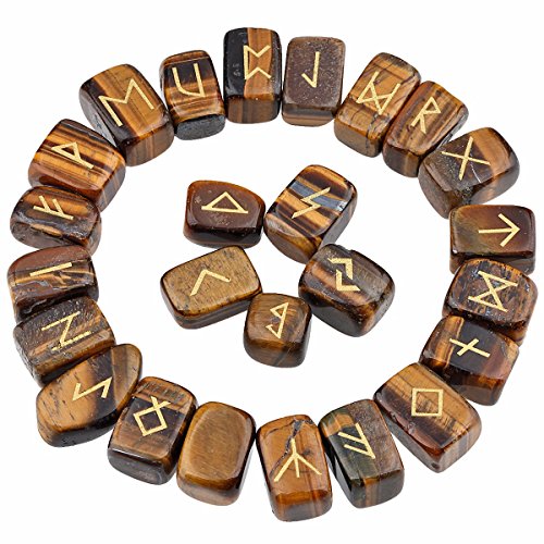 Book Cover rockcloud Tiger's Eye Rune Stones Tumbled Engraved Lettering Crystal Set for Wicca Crystals Healing Chakra Reiki