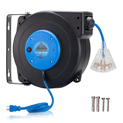 CopperPeak 50 ft Retractable Extension Cord Reel - Ceiling or Wall Mount - 14 gauge - Blue and Black