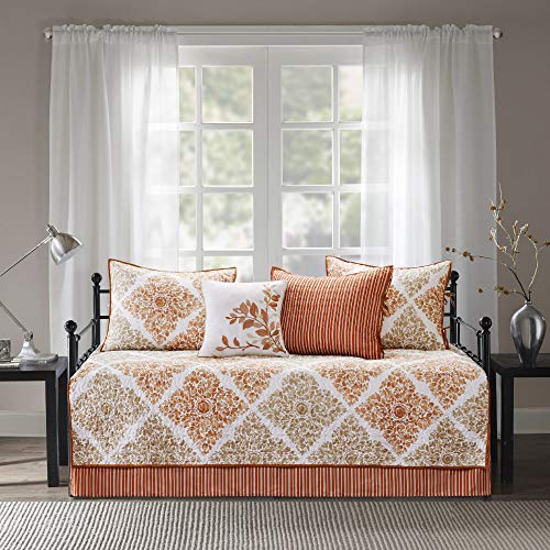Madison Park Claire Daybed Size Quilt Bedding Set - Aqua, Grey , Leaf Geometric â€“ 6 Piece Bedding Quilt Coverlets â€“ Ultra Soft Microfiber Bed Quilts Quilted Coverlet