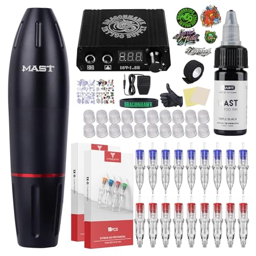 Dragonhawk Tattoo Machine Kit Rotary Tattoo Pen Gun Kit 20Pcs Tattoo Cartridges Needles Foot Pedal Power Supply for General Tattoo & Smp Studio with Gift Carry Case 1013-10