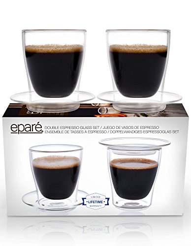 Eparé Double Espresso Cups & Saucers - Set of 2 - Double Wall Demitasse Cup - Lungo Cappuccino Macciato Shot Glasses