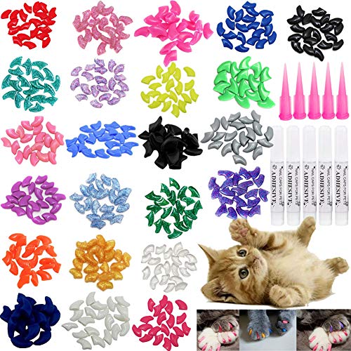 VICTHY 100 PCS Soft Pet Cat Nail Caps Cats Paws Grooming Nail Claws Caps Covers of 5 Kinds 5Pcs Adhesive Glue Medium Size