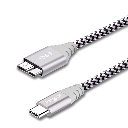 USB C to Micro B Cord, 1 Pack Fasgear Nylon Braided Metal Connector Type C 3.0 to Micro B Cable 1ft, Fast Charge Sync Compatible with Toshiba Canvio, Westgate, Seagate, Galaxy S5 Note 3 (Gray)