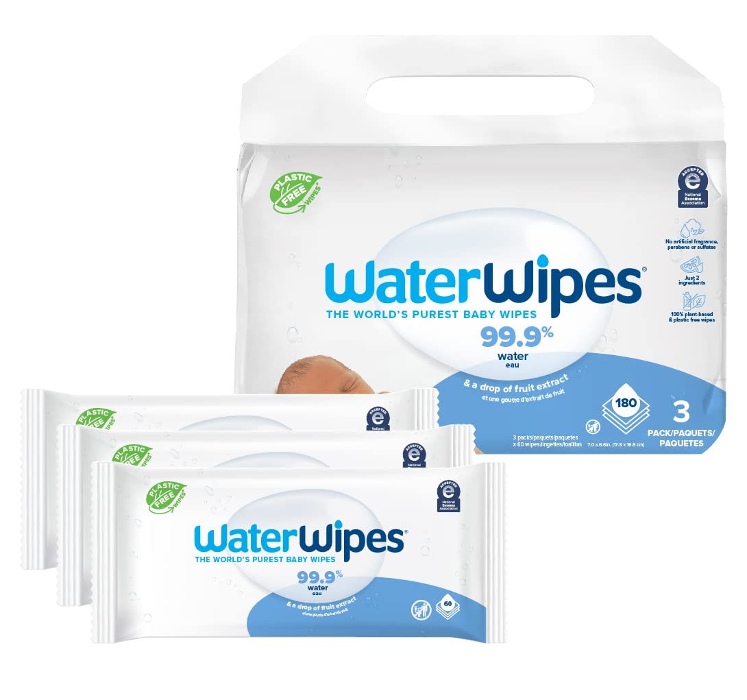 Book Cover WaterWipes Original Baby Wipes, 99.9% Water, Unscented & Hypoallergenic for Sensitive Newborn Skin, 3 Packs (180 Count)