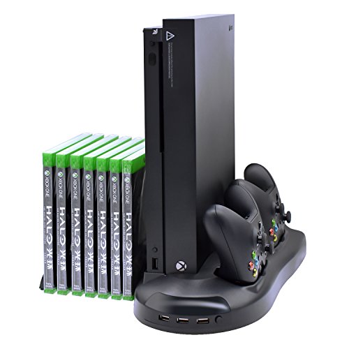 Charging Station for Xbox One X, Charging Dock for Xbox One X Accessories with 2 Fans, 3 USB hubs and Game Rack for Organization and Charge (Only for Xbox ONE X)