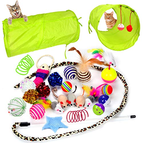 Book Cover Youngever 24 Cat Toys Kitten Toys Assortments, 2 Way Tunnel, Cat Feather Teaser - Wand Interactive Feather Toy Fluffy Mouse, Crinkle Balls for Cat, Puppy, Kitty, Kitten
