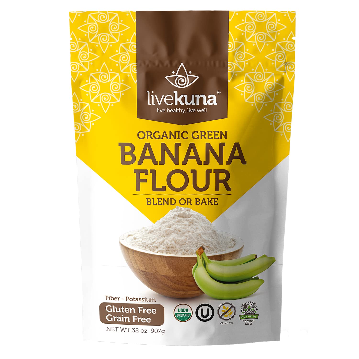LiveKuna Organic Banana Flour - 100% Natural Non-GMO Green Banana Flour, Gluten-Free & Grain-Free All-Purpose Wheat Flour Alternative - Great For Baking, Cooking, Keto & Paleo Diets, 32 oz