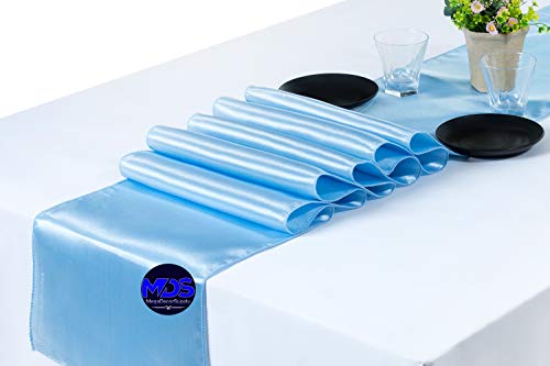MDS Pack of 10 Wedding 12 x 108 inches Satin Table Runner for Wedding, Decorations for Birthday Parties, Banquets, Graduations, Engagements, Runners fit Rectangle, Round Table- Baby Blue