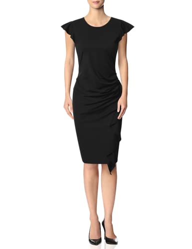 HiQueen Women Retro Ruffles Wrap Ruched Slim Work Business Bodycon Pencil Cocktail Dress