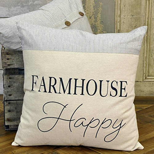 Piper Classics Farmhouse Happy Pillow Cover, 18" x 18", Farmhouse Style, Ticking Stripe Accent