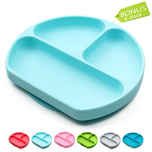 Book Cover Suction Plates for Toddlers, Children, Babies, Silicone Placemats for Kids Stick to Portable High Chair and Table, Baby Dishes - Kids Plates + Bowls (Light Blue)
