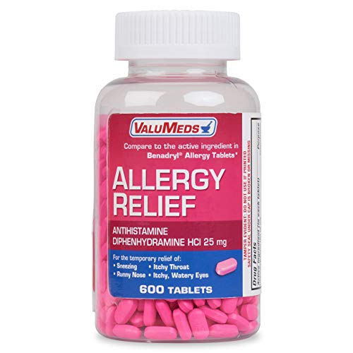 Book Cover ValuMeds Allergy Medicine (600 Tablets) Antihistamine, Diphenhydramine HCl 25 mg | Children and Adults | Relieve Itchy Eyes, Runny Nose, Sneezing