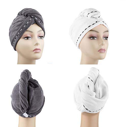 Microfiber Hair Drying Towels, Fast Drying Hair Cap, Long Hair Wrap,Absorbent Twist Turban, White, Dark Gray (2 pack) ¡­