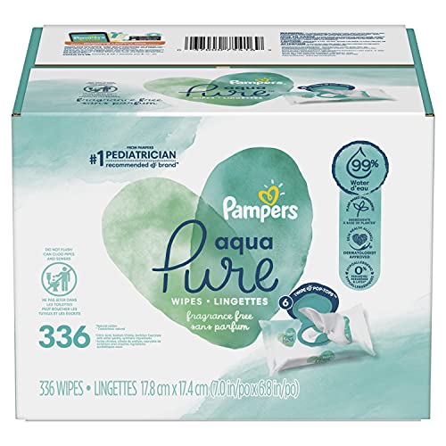 Book Cover Baby Wipes, Pampers Aqua Pure Sensitive Water Baby Diaper Wipes, Hypoallergenic and Unscented, 6X Pop-Top Travel Packs, 336 Count (Packaging May Vary)