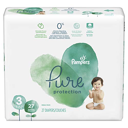 Book Cover Diapers Size 3, 27 Count - Pampers Pure Protection Disposable Baby Diapers, Hypoallergenic and Unscented Protection, Mega Pack (Old Version)