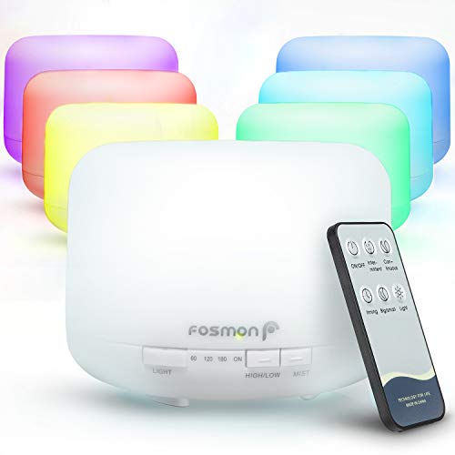 Fosmon Essential Oil Diffuser Humidifier, Ultrasonic 500mL/16.9oz Large Fragrance Aromatherapy Diffuser Cool Mist Humidifier with Remote Control, 7 LED Color Nightlight 4 Timer Settings 2 Mist Control