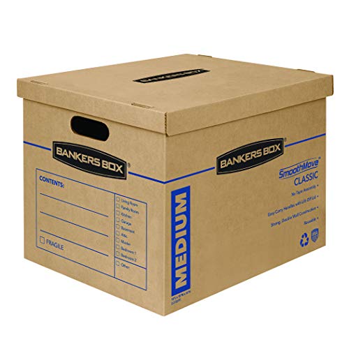 Bankers Box Medium Classic Moving Box 10 Pack, Reinforced Handles, Tape-Free Assembly, Box with Lid, 19-in x 14.5-in x 15.5-in (8817201)
