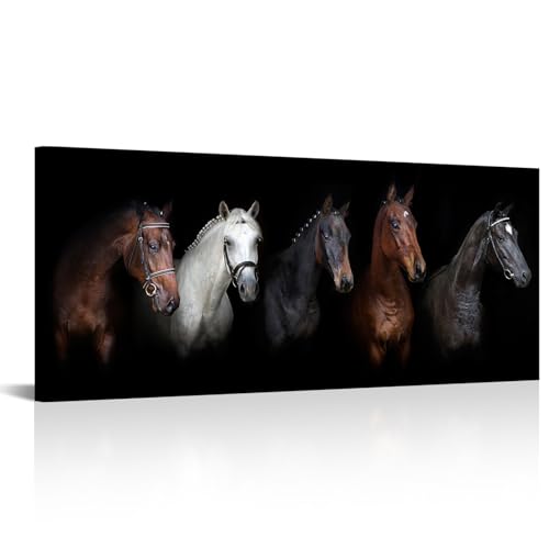 Large Animal Canvas Wall Art Black and White Horse Picture Prints Inspirational Horses Wall Decor Living Room Modern Artwork Home Decoration Framed Ready to Hang 20"x48"