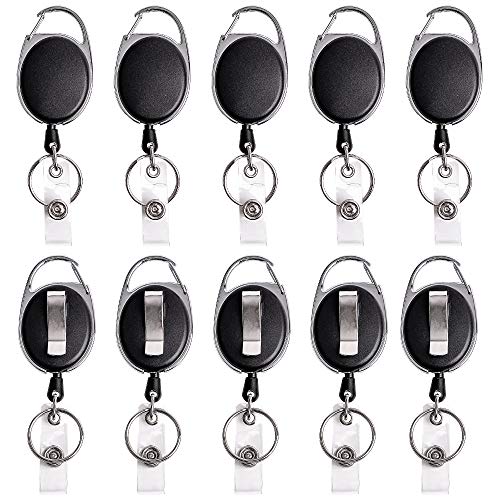 Retractable Badge Reel with Carabiner Belt Clip and Key Ring for ID Card Key Keychain Badge Holder Black 10 Pack by NATUREBELLE