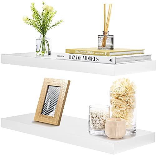 Sorbus Floating Shelves for Wall - 24" x 9" Long Hanging Shelf for Home & Kitchen, Living Room, Bedroom, Bathroom Shelves Over Toilet - 2 White Floating Wall Shelves for Wall Decor Trophies, Bookshelf