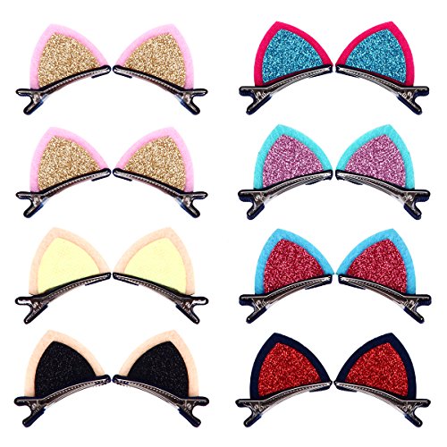 16 Pack Dreamlover Adorable Glittering Cat Ear Hair Clips Barrettes for Baby Girls, Cute Animal Hair Pins Accessories for Babies, Toddlers, Girls and Women, 8 Pairs