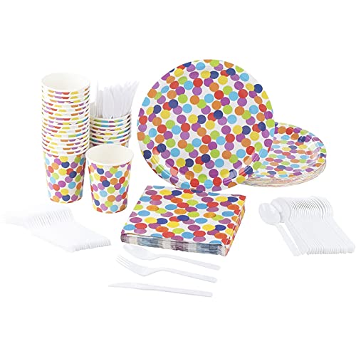 Polka Dot Party Bundle, Includes Plates, Napkins, Cups, and Cutlery (24 Guests,144 Pieces)