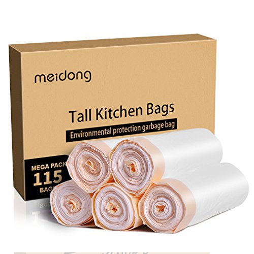 meidong Trash Bags, Garbage Bags 13 Gallon Large Tall Kitchen Drawstring Strong Bags For Trash Can Garbage Bin, 5 Rolls/115 Counts