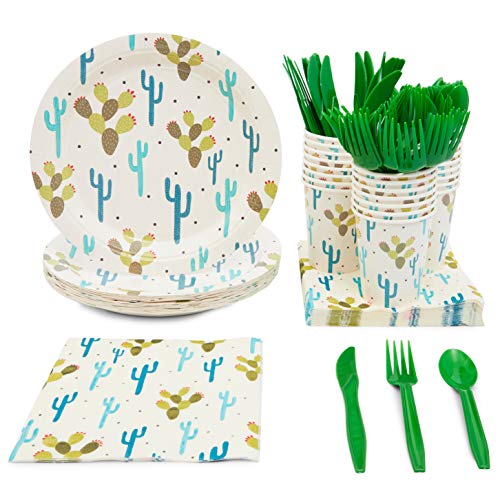 Fiesta Party Supplies, Cactus Plates, Plastic Cutlery, Paper Cups, and Luncheon Napkins (Serves 24, 144 Pieces)