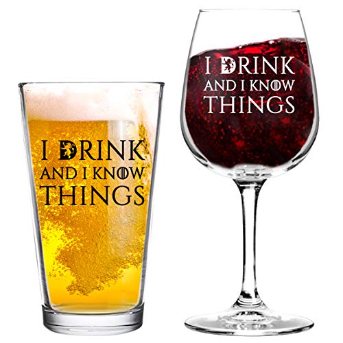 Book Cover I Drink And I Know Things Beer and Wine Glass Set- Cool Present Idea for Bridal Shower, Wedding, Engagement, Anniversary and Couples - Him, Her, Mr. Mrs. Mom Dad