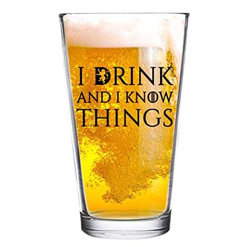 Book Cover I Drink and I Know Things Beer Glass - 16 oz - Funny Novelty Beer Glass - Humorous Gift Present for Dad, Men, Friends, or Him- Made in USA - Inspired by Game of Thrones