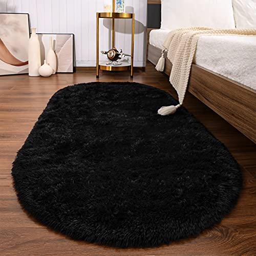 Softlife Fluffy Area Rugs for Bedroom 2.6' x 5.3' Oval Shaggy Floor Carpet Cute Rug for Boys Kids Room Living Room Home Decor, Black