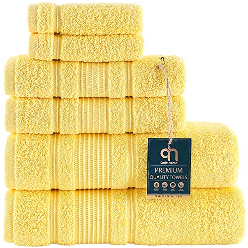 Book Cover Qute Home 6-Piece Bath Towels Set, 100% Turkish Cotton Premium Quality Bathroom Towels, Soft and Absorbent Turkish Towels, Set Includes 2 Bath Towels, 2 Hand Towels and 2 Washcloths (Yellow)