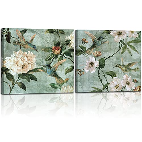 Flower Birds Canvas Prints Watercolorful Wall Art Green Leaves Pictures Abstract Flowers Paintings Floral Artworks for Living Room Bedroom Office Home Decor 12x12 Inch 2Pcs Framed