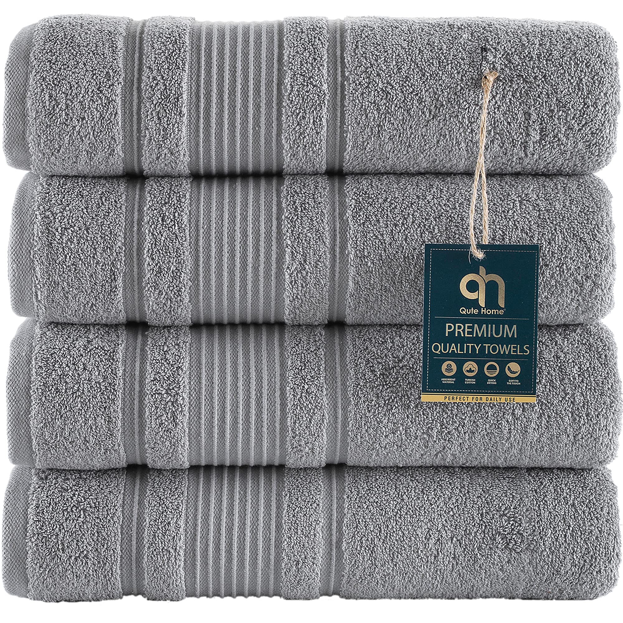 Qute Home 4-Piece Bath Towels Set, 100% Turkish Cotton Premium Quality Towels for Bathroom, Quick Dry Soft and Absorbent Turkish Towel, Set Includes 4 Bath Towels (Grey) 4 Pieces Bath Towels Grey