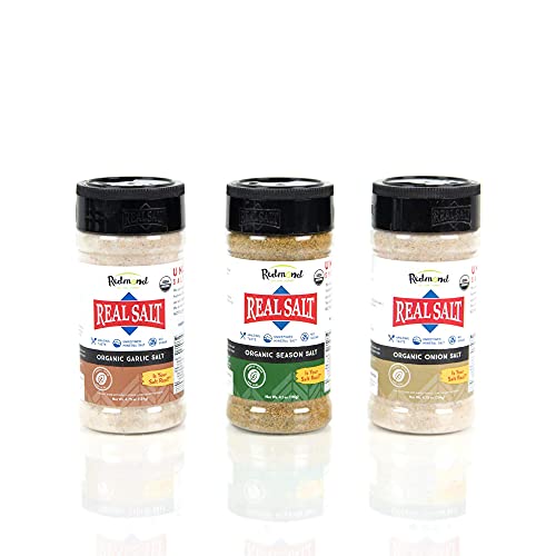 Redmond Real Sea Salt - Natural Unrefined Gluten Free, Seasoning 4.75 Ounce Shaker Bundle (Onion, Season, Garlic)