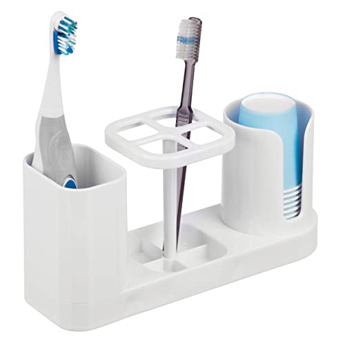 mDesign Bathroom Vanity Countertop Dental Storage Organizer Toothbrushes and Toothpaste Center with Disposable Paper Dixie Rinse Cup Dispenser Holder - White