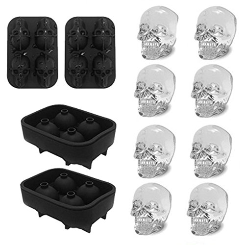 3D Skull Ice Mold-2Pack,Easy Release Silicone Mold,8 Cute and Funny Ice Skull for Whiskey,Cocktails and Juice Beverages,Black