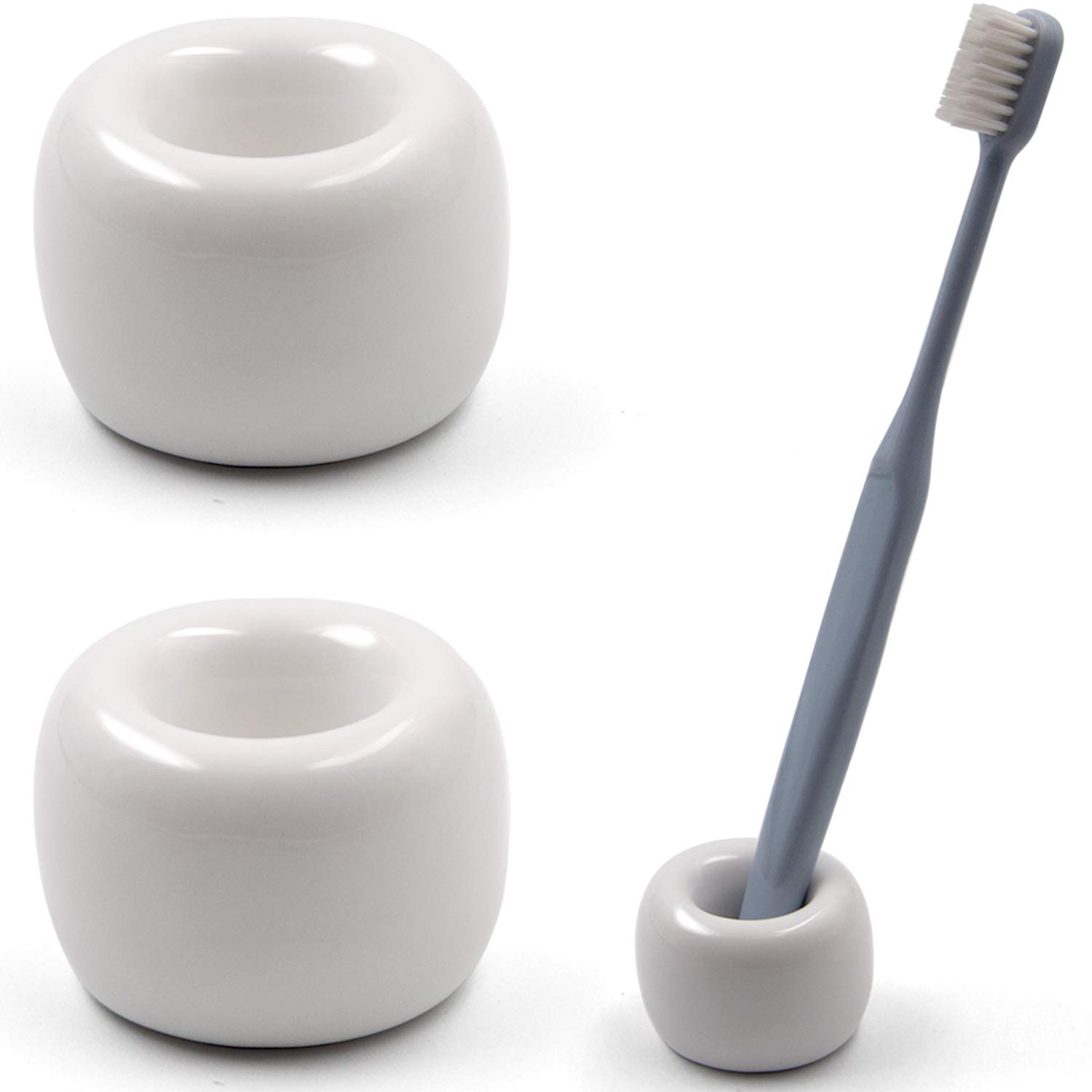 Book Cover Airmoon Mini Ceramics Handmade Couple Toothbrush Holder Stand for Bathroom Vanity Countertops, White, Pack of 2