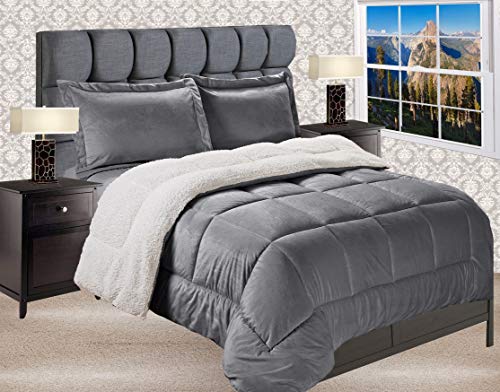 Book Cover Elegant Comfort Premium Quality Heavy Weight Micromink Sherpa-Backing Reversible Down Alternative Micro-Suede 3-Piece Comforter Set, Queen, Grey