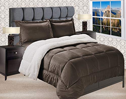 Book Cover Elegant Comfort Premium Quality Heavy Weight Micromink Sherpa-Backing Reversible Down Alternative Micro-Suede 3-Piece Comforter Set, Queen, Chocolate Brown