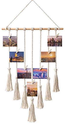 Book Cover Mkouo Hanging Photo Display Board Macrame Wall Hanging Pictures Organizer Boho Home Decor, with 25 Wooden Clips
