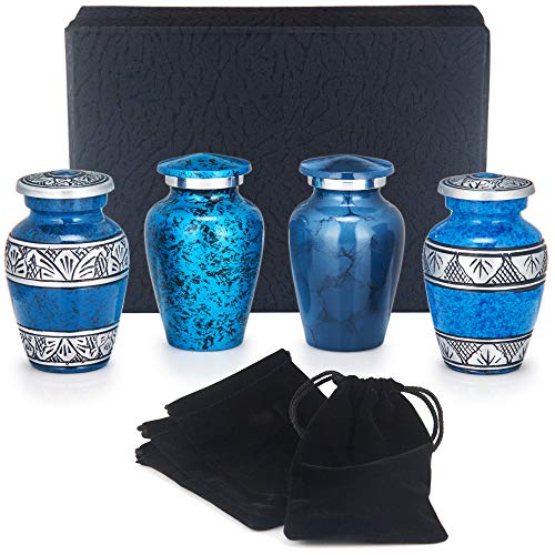 Adera Dreams Small Urns for Human Ashes Keepsake - Set of 4 Blue Memories Mini Cremation Urns - Memorial Ashes Urn with Case, Velvet Pouch and Funnel - Miniature Burial Funeral Urns for Sharing Ash