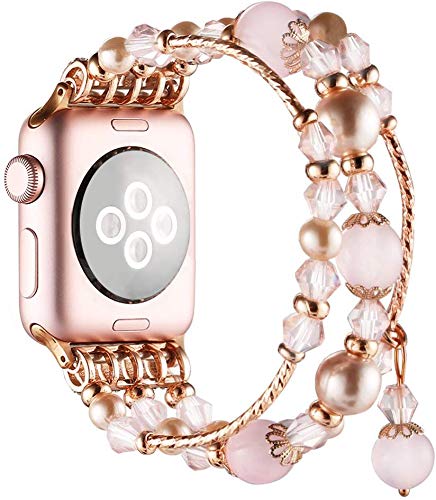 Simpeak Beaded Band Compatible with Apple Watch 41mm 40mm 38mm, Handmade Beaded Elastic Women Bracelet Replacement for iWatch Series 8 7 6 SE 5 4 3 2 1, Fixed Size 5.7-6.9, Rose Pink