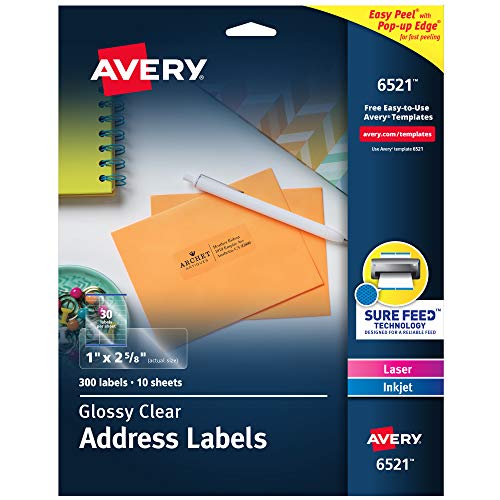 Avery Printable Address Labels with Sure Feed, 1" x 2-5/8", Glossy Clear, 300 Blank Mailing Labels for Laser and Inkjet Printers (6521)